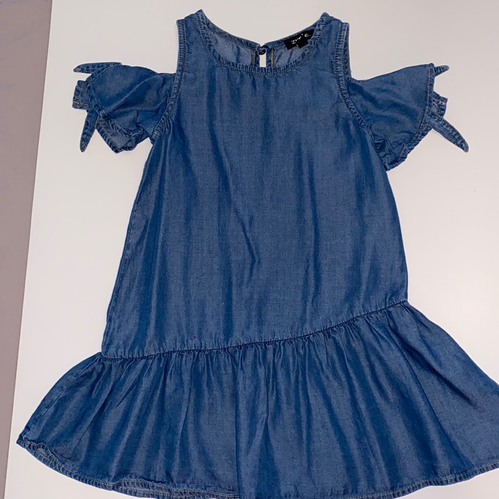 Jean girls dress with a peach cardigan